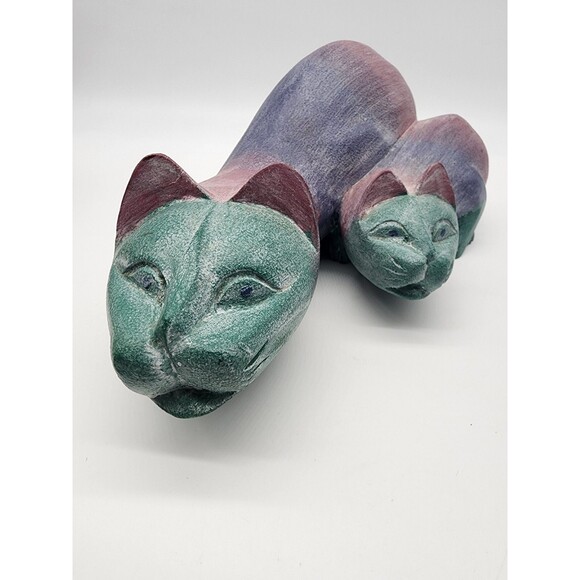 OOAK colorful 16" Purple Wood Hand Carved CAT Statue ARTISAN MADE ADULT KITTEN - Picture 5 of 14